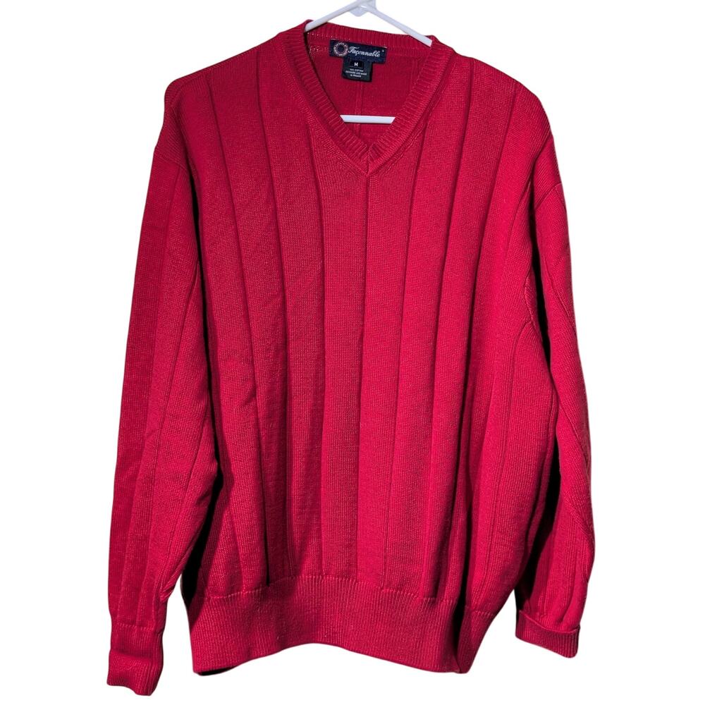 Faconnable Designed & Made in FranceRed Ribbed V Neck Pullover Sweater Sz M